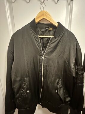 H&M Black Satin Bomber Jacket - women’s  Classic Zip Front